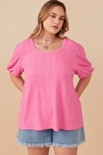 HY7969 Pink Womens Cable Knit Textured Scoop Neck Knit Top Front